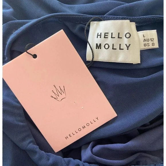 NWT Hello Molly Dress Ruched Sides Long Sleeve Sheer Back Navy Blue Large L New - Picture 4 of 5